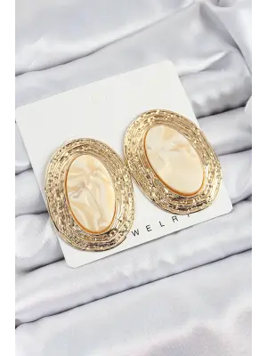 Pirinç Mermer Desenlli Bej Sedef Oval Vintage Model Gold Renk Kadın Küpe