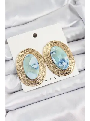Pirinç Mermer Desenlli Mavi Sedef Oval Vintage Model Gold Renk Kadın Küpe