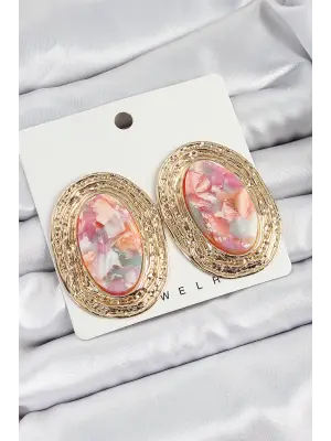 Pirinç Mermer Desenlli Pembe Sedef Oval Vintage Model Gold Renk Kadın Küpe
