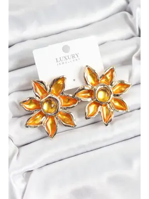 Pirinç Mineli Alevli Çiçek Model Gold Renk Kadın Küpe