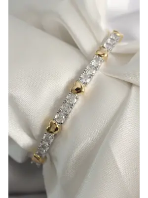 Pirinç Mix Renk Zirkon Taşlı Kalp Detay VIP Seri Kadın Kelepçe