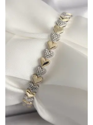 Pirinç Mix Renk Zirkon Taşlı Kalp Model VIP Seri Kadın Bileklik