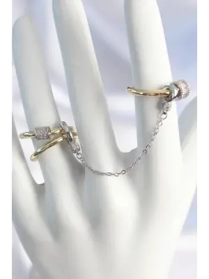 Pirinç Mix Renk Zirkon Taşlı Zincir Kadın Yüzük Seti