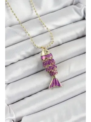 Pirinç Mor Balık Model Zirkon Taşlı Gold Renk Kadın Kolye