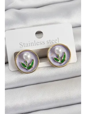 Pirinç Mor Mineli Lale Figürlü Sanatsal Portre Model Gold Renk Kadın Küpe