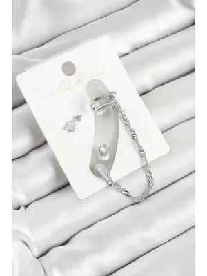 Pirinç Ok Figürlü Zirkon Taşlı Gümüş Renk 3lü Kıkırdak Kadın Küpe Set