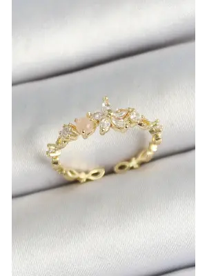 Pirinç Papatya Figürlü Zirkon Taşlı Gold Renk Ayarlanabilir Kadın Yüzük