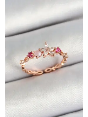 Pirinç Papatya Figürlü Zirkon Taşlı Rose Gold Renk Ayarlanabilir Kadın Yüzük