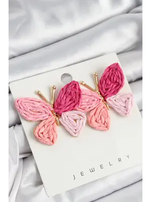 Pirinç Pembe Kelebek Model Gold Renk Kadın Hasır Küpe