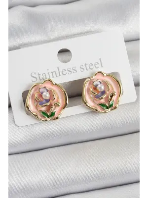 Pirinç Pembe Mineli Çiçek Figürlü Sanatsal Portre Model Gold Renk Kadın Küpe