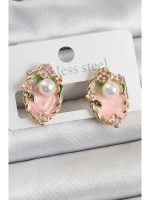 Pirinç Pembe Mineli İnci Detaylı Sanatsal Portre Model Gold Renk Kadın Küpe