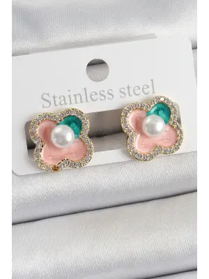 Pirinç Pembe Mineli İnci Detaylı Zirkon Taşlı Sanatsal Portre Yonca Model Gold Renk Kadın Küpe