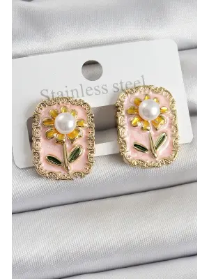 Pirinç Pembe Mineli Papatya Figürlü Sanatsal Portre Model Gold Renk Kadın Küpe