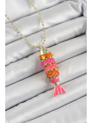 Pirinç Pembe Ve Turuncu Balık Model Zirkon Taşlı Gold Renk Kadın Kolye