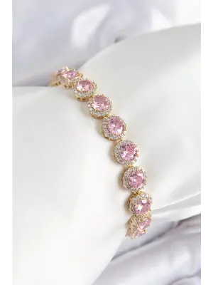 Pirinç Pembe Zirkon Taşlı Daire Baget Model Gold Renk VIP Seri Kadın Bileklik