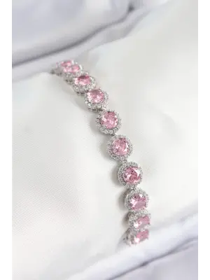 Pirinç Pembe Zirkon Taşlı Daire Baget Model Gümüş Renk VIP Seri Kadın Bileklik