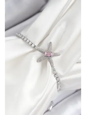 Pirinç Pembe Zirkon Taşlı Deniz Yıldızı Model Gümüş Renk Asansörlü Kadın Bileklik