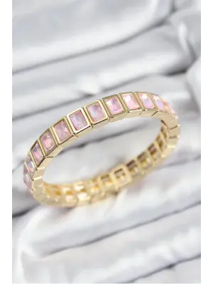 Pirinç Pembe Zirkon Taşlı Dikdörtgen Model Gold Renk Lastikli Kadın Bileklik