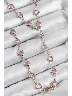 Pirinç Pembe Zirkon Taşlı Kalp Model Gümüş Renk Kadın Y Kolye