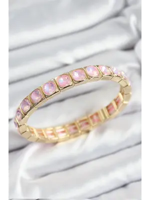 Pirinç Pembe Zirkon Taşlı Kare Model Gold Renk Lastikli Kadın Bileklik