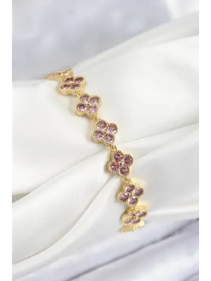 Pirinç Pembe Zirkon Taşlı Yonca Model Gold Renk VIP Seri Kadın Bileklik