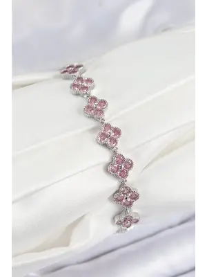 Pirinç Pembe Zirkon Taşlı Yonca Model Gümüş Renk VIP Seri Kadın Bileklik