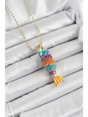 Pirinç Rainbow Balık Model Zirkon Taşlı Gold Renk Kadın Kolye