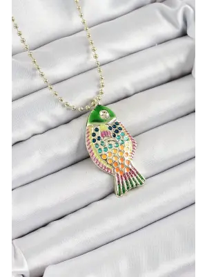 Pirinç Rainbow Balık Model Zirkon Taşlı Gold Renk Kadın Kolye