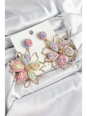 Pirinç Rainbow Çiçek Model Gold Renk Kadın Hasır Küpe