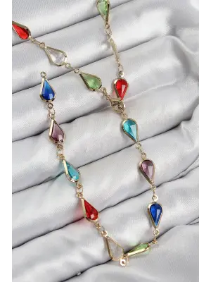 Pirinç Renkli Zirkon Taşlı Damla Model Gold Renk Kadın Y Kolye