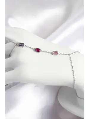 Pirinç Renkli Zirkon Taşlı Dikdörtgen Model Gümüş Renk Kadın Şahmeran