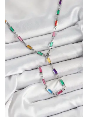 Pirinç Renkli Zirkon Taşlı Dikdörtgen Model Gümüş Renk Kadın Y Kolye