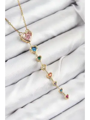 Pirinç Renkli Zirkon Taşlı Kalp Model Gold Renk Kadın Y Kolye