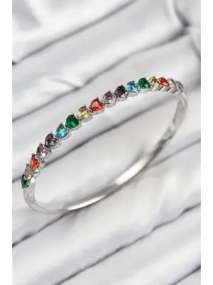 Pirinç Renkli Zirkon Taşlı Kalp Model Gümüş Renk Kadın Kelepçe