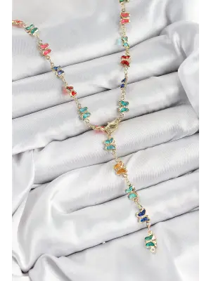 Pirinç Renkli Zirkon Taşlı Kelebek Model Gold Renk Kadın Y Kolye