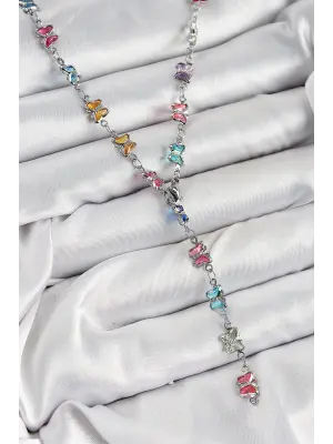 Pirinç Renkli Zirkon Taşlı Kelebek Model Gümüş Renk Kadın Y Kolye