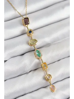 Pirinç Renkli Zirkon Taşlı Model Gold Renk Kadın Y Kolye