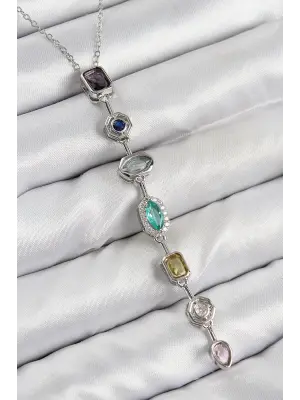 Pirinç Renkli Zirkon Taşlı Model Gümüş Renk Kadın Y Kolye