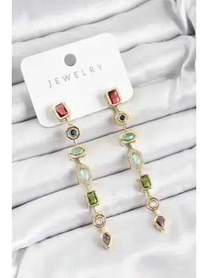 Pirinç Renkli Zirkon Taşlı Sallantılı Model Gold Renk Kadın Küpe