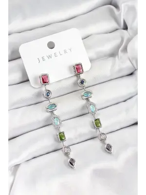 Pirinç Renkli Zirkon Taşlı Sallantılı Model Gümüş Renk Kadın Küpe