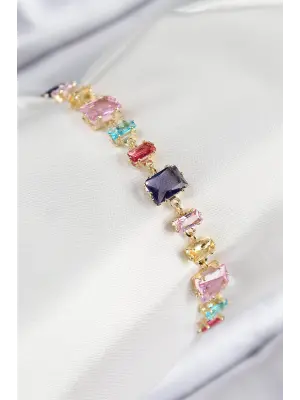 Pirinç Renkli Zirkon Taşlı Sıralı Dikdörtgen Model Gold Renk Kadın Bileklik