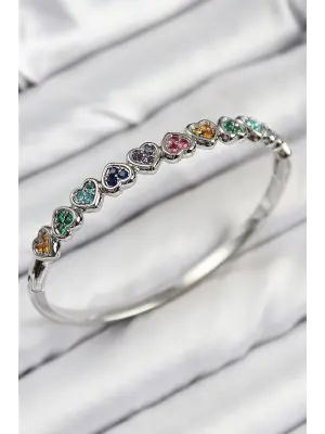 Pirinç Renkli Zirkon Taşlı Sıralı Kalp Model Gümüş Renk Kadın Kelepçe