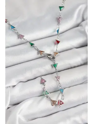 Pirinç Renkli Zirkon Taşlı Üçgen Model Gümüş Renk Kadın Y Kolye