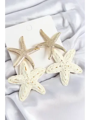 Pirinç Sallantılı Krem Deniz Yıldızı Model Gold Renk Hasır Küpe