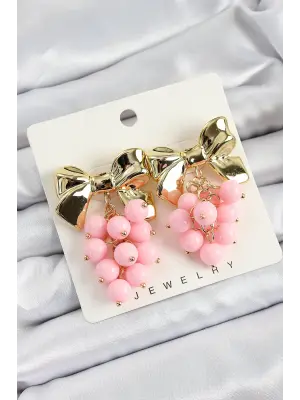 Pirinç Sallantılı Pembe Boncuklu Fiyonk Vintage Model Gold Renk Kadın Küpe