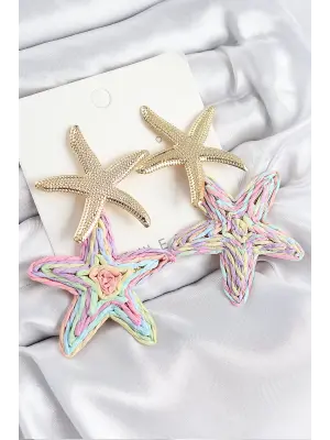 Pirinç Sallantılı Rainbow Deniz Yıldızı Model Gold Renk Hasır Küpe