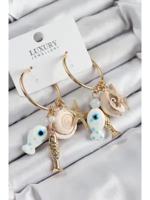 Pirinç Sallantılı Seramik Balık Ve Deniz Kabuğu Model Gold Renk Kadın Küpe