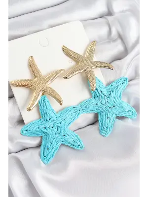 Pirinç Sallantılı Turkuaz Deniz Yıldızı Model Gold Renk Hasır Küpe