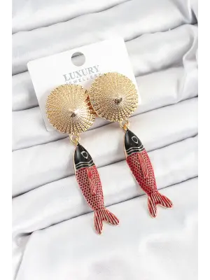 Pirinç Sallantılı Zirkon Taşlı Kırmızı Siyah Balık Model Gold Renk Kadın Küpe