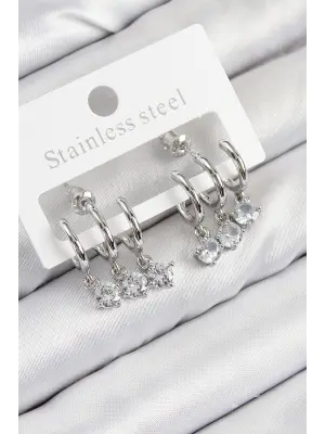 Pirinç Sallantılı Zirkon Taşlı Model Gümüş Renk Kadın Küpe